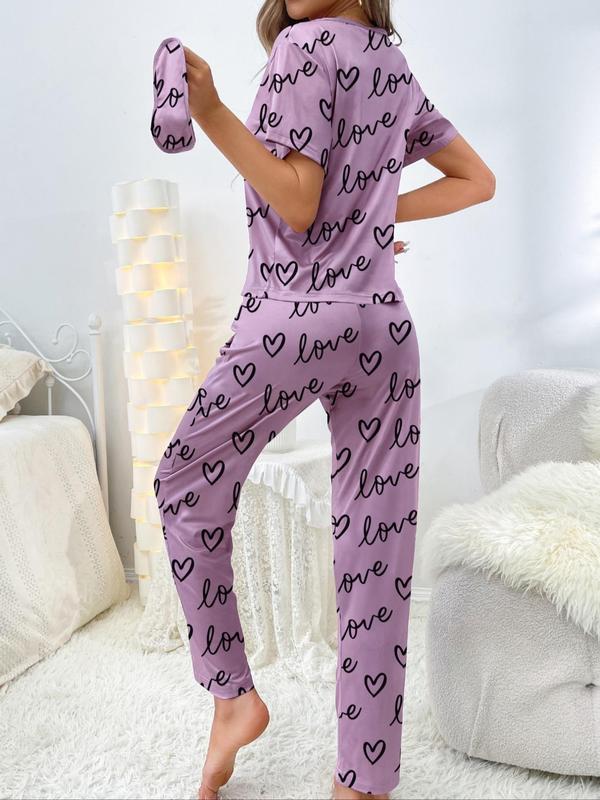 Two-Piece Set Women's Heart Print Tee & Pj Pants Pajama Set, Summer Clothes Women, Summer Wear, Crew Neck Shortsleeve T-shirt & Trousers Pj Set, Comfort Casual Comfy Pajamas Set, Lady Sleepwear & Loungewear Set for Summer Homewear, Black Girl Wear