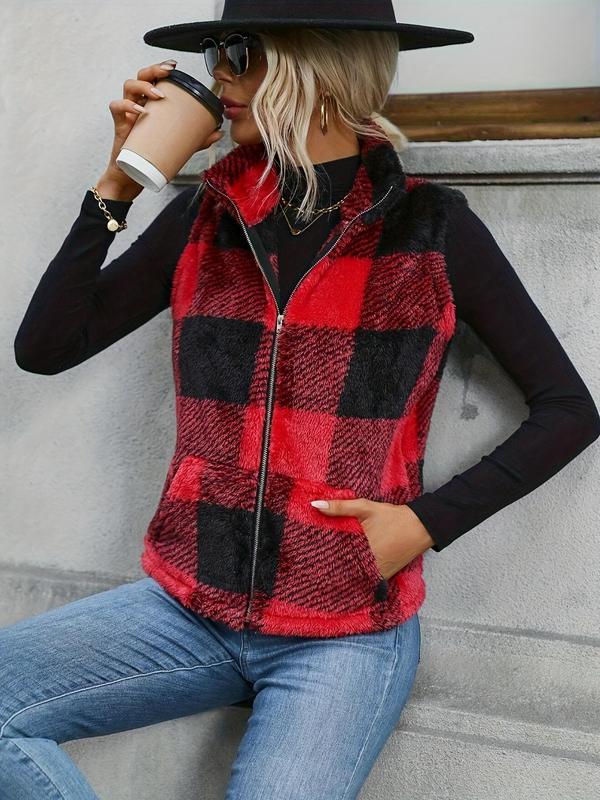 Women's Plaid Print Zip Up Fuzzy Vest Jacket, Casual Pocket High Neck Sleeveless Outerwear for Fall & Winter, Women's Clothes for Daily Wear