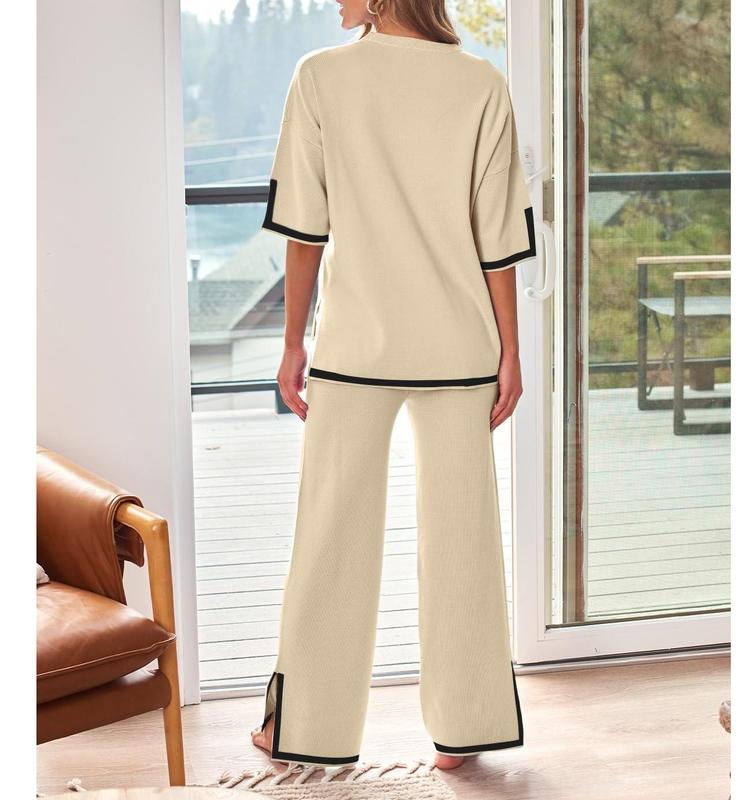 2 Piece Lounge Sets Women's Short Sleeve Knit Top Wide Leg Pants Sets Soft Womenswear