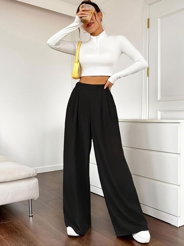 Women's Solid Pocket Elastic Waist Wide Leg Pants, Casual Comfy Trousers for Daily Wear, Ladies Bottoms for All Seasons