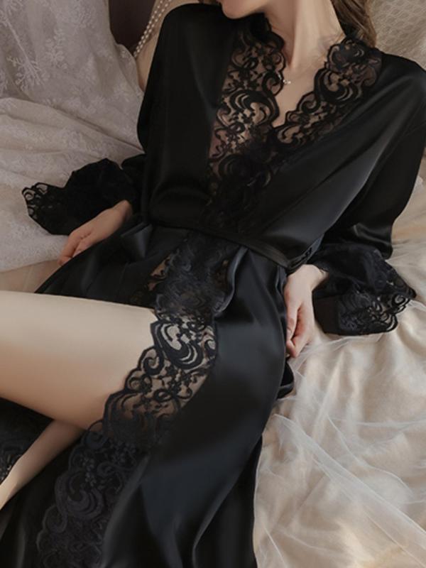 Women's Contrast Lace Belted Satin Robe, Long Sleeve V Neck Lounge Robe, Bride's Robe, Women's Sleepwear for Spring & Fall