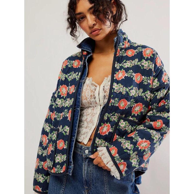 Women's Ditsy Floral Print Drop Shoulder Winter Coat, Casual Long Sleeve Pocket Outerwear for Fall & Winter, Winter Clothes Women, Ladies Clothes for Daily Wear, Downtown Girl Clothes Womenswear Jackets Womenswear Jackets Womenswear Jackets