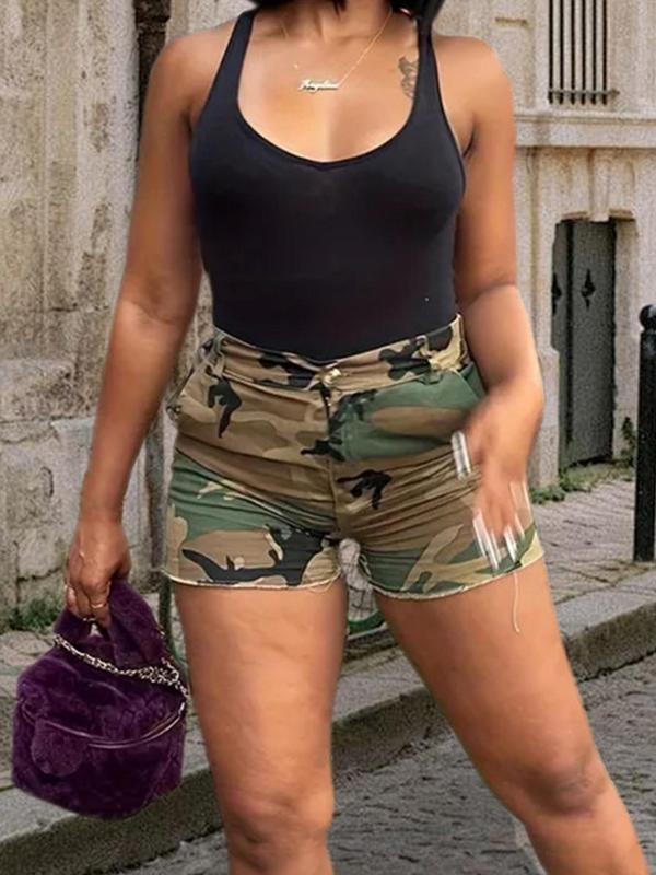 Women's Camo Print High Waist Shorts, Casual Pocket Button Design Shorts for Daily Wear, Ladies Bottoms for All Seasons