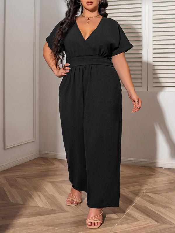 CURVZY Plus Size  Plain Wrap V Neck Wide Leg Jumpsuit, Casual Drop Shoulder Half Sleeve Jumpsuit for Summer Holiday Vacation, Women's Plus Clothing for Daily Wear