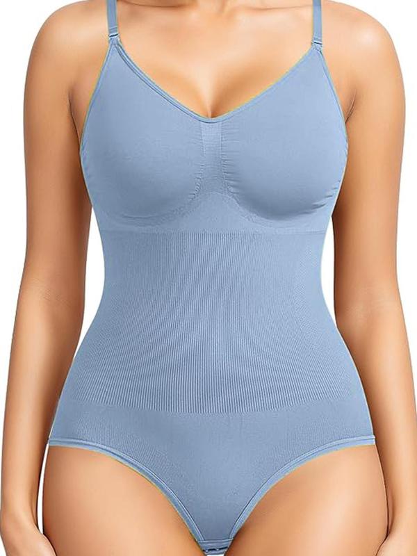 Women's Solid Adjustable Strap Cami Shapewear Bodysuit with Open Crotch Design, High Stretch Seamless Spaghetti Strap Body Shapewear Clothing for Daily Wear, Women's Shapewear