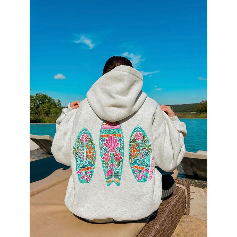 Girls` surf embroidered pocket  hoodie,comfort casual drop shoulder hooded sweatshirt for daily outdoor wear,fall&winter outfits