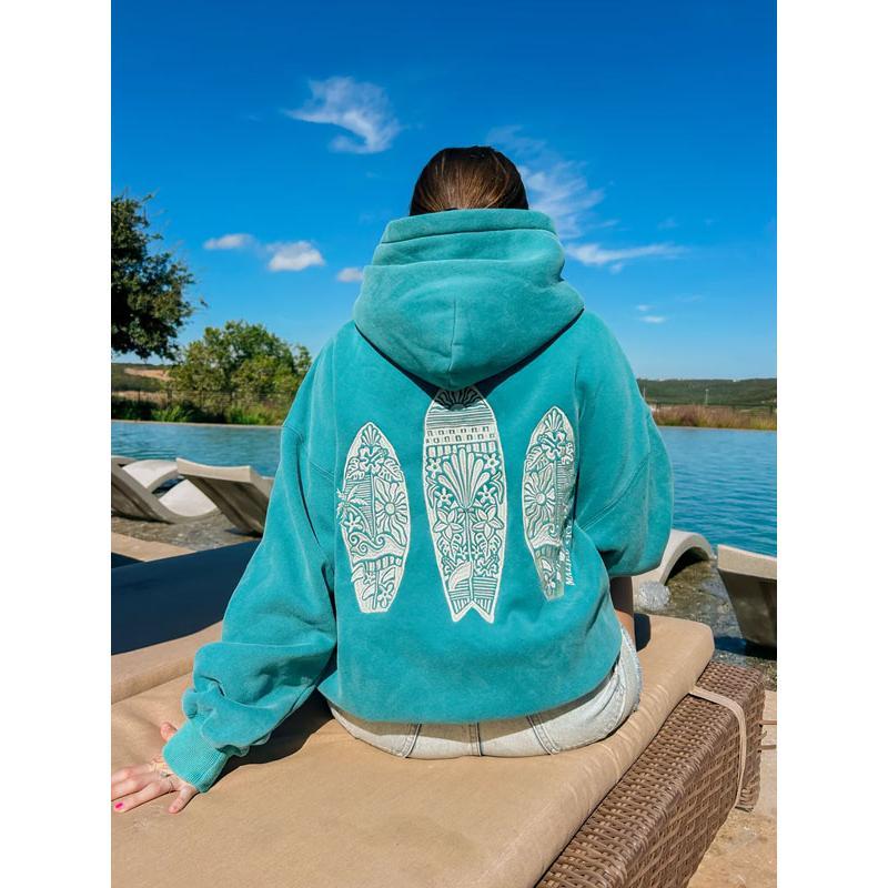 Girls` surf embroidered pocket  hoodie,comfort casual drop shoulder hooded sweatshirt for daily outdoor wear,fall&winter outfits