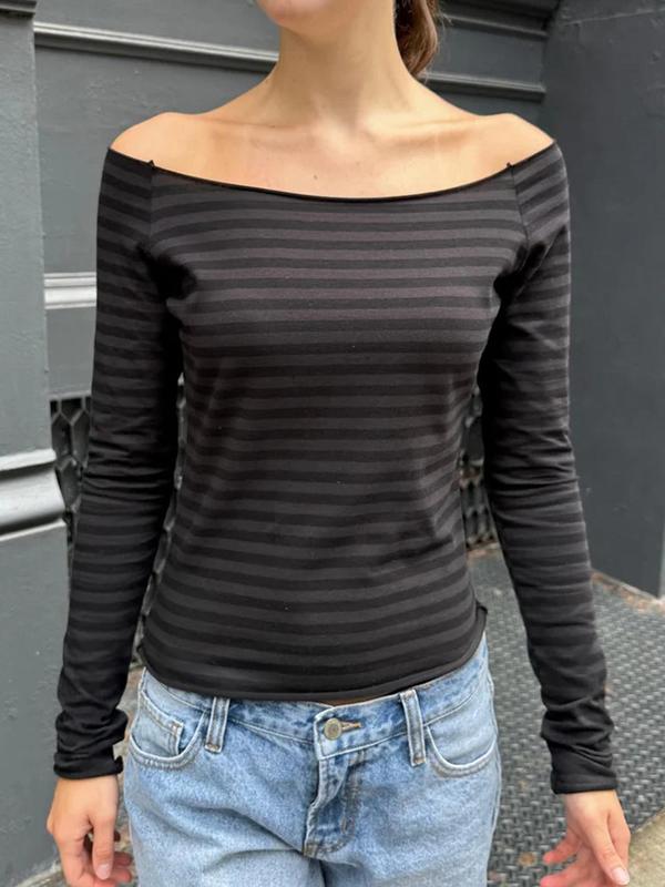 Women's Striped Print Off Shoulder Tee, Casual Long Sleeve T-shirt for Fall, Women's Clothing for Daily Wear