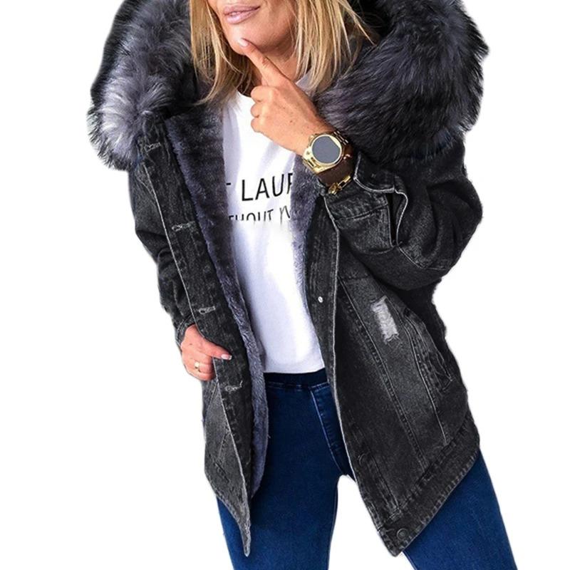 Women Winter Warm Fluffy Collar Hooded Denim Jacket Thick Plush Lined Warm Long Sleeve Jean Coat Button Down Oversized Loose Out