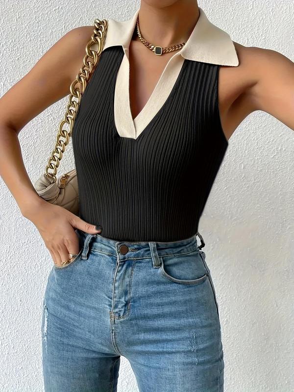 Women's Colorblock V Neck Collared Sweater Vest, Summer Clothes Women, Casual Sleeveless Knitwear for Summer, Crochet Tops, Knit Tank Top, Back To School Outfits, Going Out Tops, Women's Knit Clothing for Daily Wear Downtown Girl Clothes