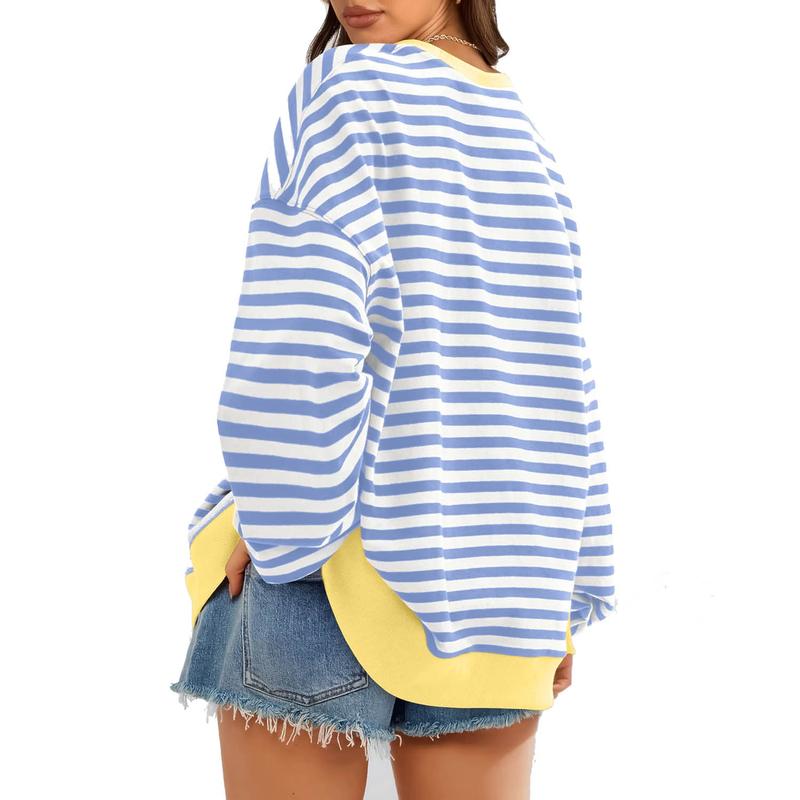 Women Striped Color Block Long Sleeve Crew Neck Sweatshirt Casual Loose Pullover Top