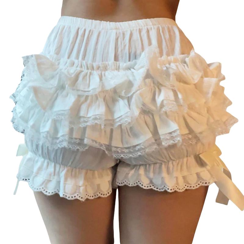 Women Y2k Lolita Bloomers Ruffle Pumpkin Panties Bottom Lace Trim Layered High Waist Shorts Pettipants Lounge Homewear Streetwear