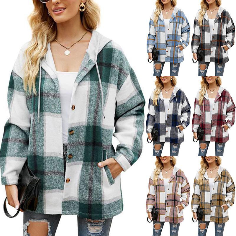 2024 Women's Autumn and Winter New Women's Plaid Coat Hooded Casual Loose Shirt