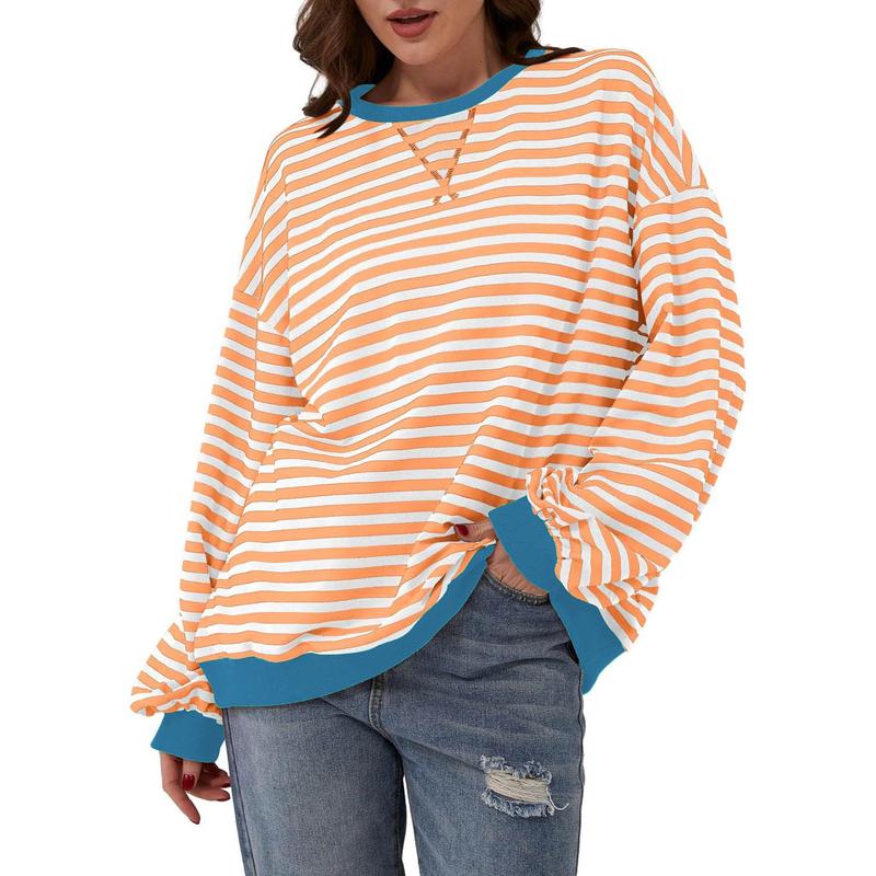 Women Striped Color Block Long Sleeve Crew Neck Sweatshirt Casual Loose Pullover Top