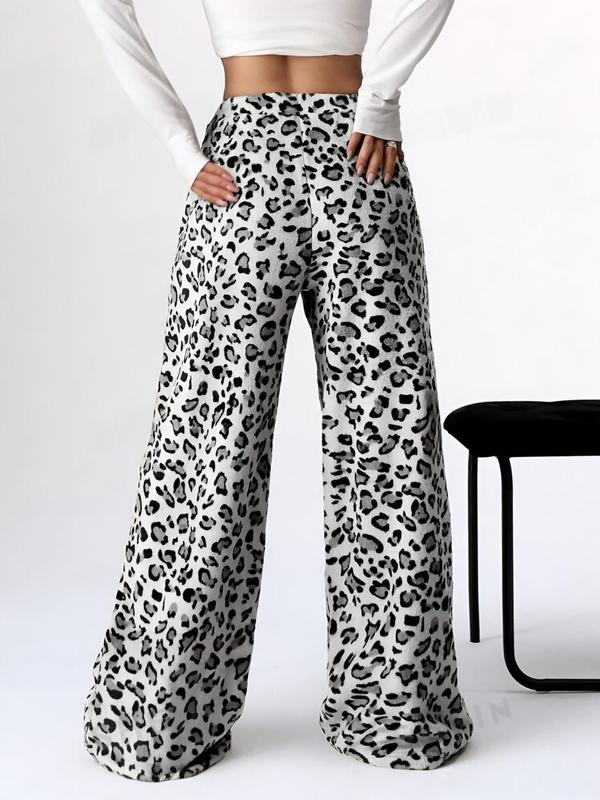 Women's Leopard Print Bow Decor Plush Wide Leg Pants, Casual Comfy Elastic Waist Trousers for Fall & Winter, Women's Bottoms for Daily Wear