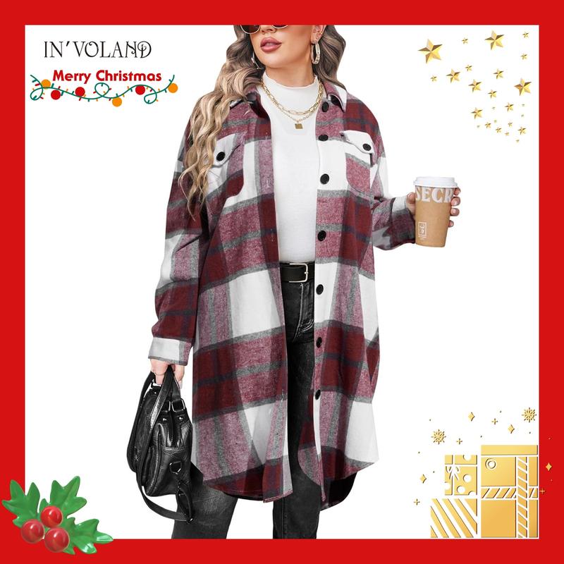 Holiday haul  IN'VOLAND Womens Plus Size Flannel Plaid Shirts Long Sleeve Lounge Lapel Boyfriend Button Down Tartan Long Jacket Coats Fabric Fashion Womenswear Check Fit Lightweight Oversized Comfort Loose Polyester Retro Suit Christmas