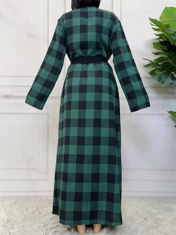 Women's Plaid Print Pocket Belted Lounge Robe, Casual Long Sleeve Dressing Gown, Ladies Sleepwear for All Seasons