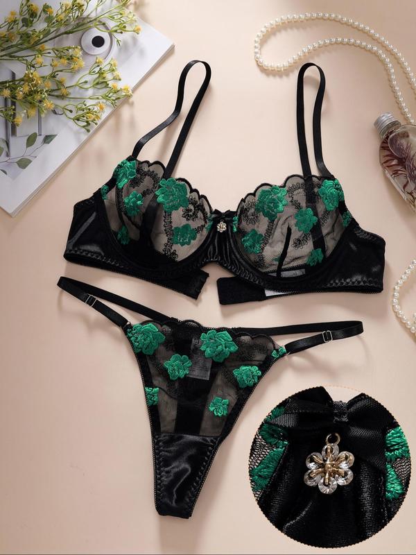 Women's Floral Embroidery Underwire Bra & Thong Underwear Two-piece Set, Adjustable Strap Push Up Bra & Thong Set, Lingerie Set for Women