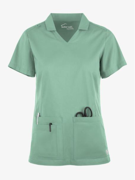 Butter-Soft STRETCH Women's 3-Pocket Short Sleeve Collar and Knit Panels Scrub Top