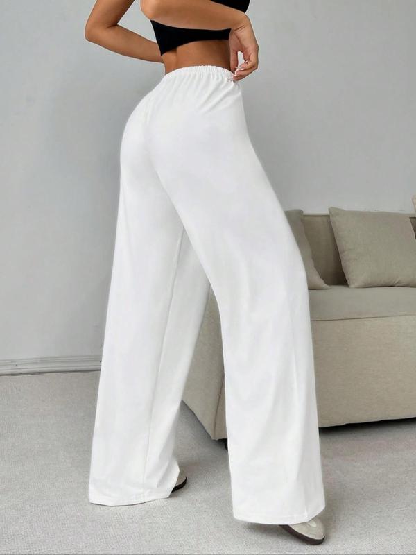 Women's Plain Drawstring Waist Wide Leg Pants, Casual Comfy Trousers for Daily Wear, Ladies Bottoms for All Seasons