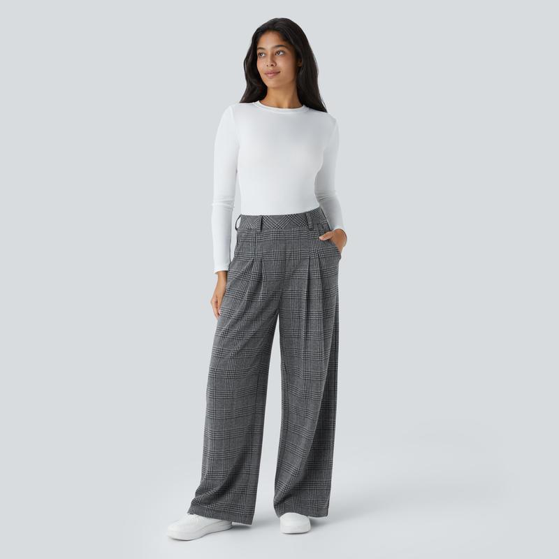 Halara High Waisted Side Pocket Wide Leg Houndstooth Plaid Casual Pants