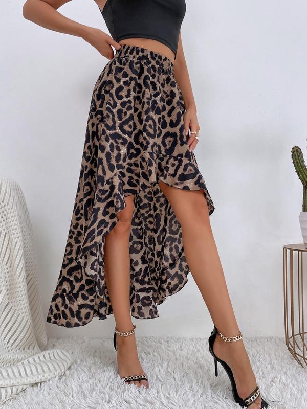 Women's Leopard Print High Low Ruffle Hem Skirt, Casual Elastic Waist A Line Skirt, Summer Clothes Women, Women's Bottoms