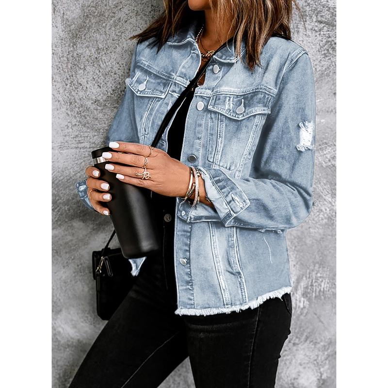 EVALESS Womens Boyfriend Washed Crop Denim Jacket Long Sleeve Button Distressed Ripped Slim Non Stretch Jean Coat-Short Style