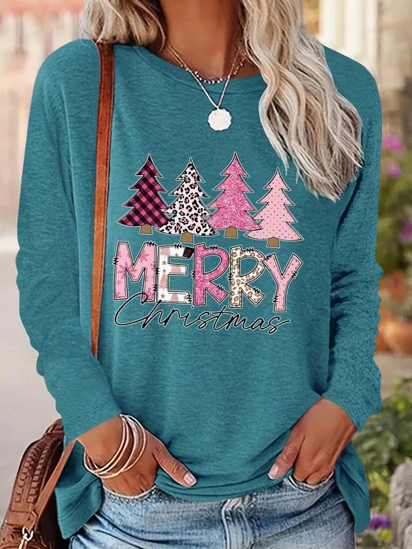 Women's Christmas Tree & Letter Print Drop Shoulder Tee, Casual Long Sleeve Round Neck Pullover for Daily Wear, Ladies Fall & Winter Clothes