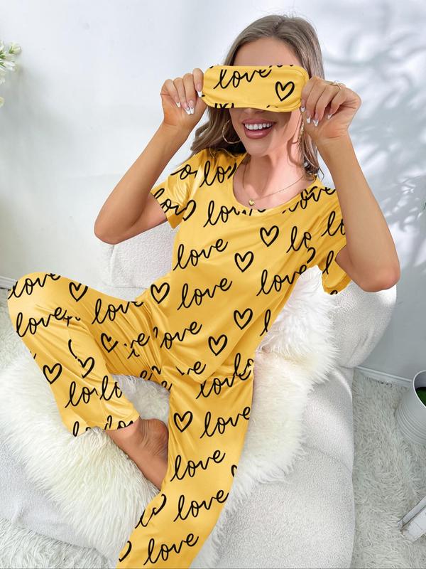 Two-Piece Set Women's Heart Print Tee & Pj Pants Pajama Set, Summer Clothes Women, Summer Wear, Crew Neck Shortsleeve T-shirt & Trousers Pj Set, Comfort Casual Comfy Pajamas Set, Lady Sleepwear & Loungewear Set for Summer Homewear, Black Girl Wear