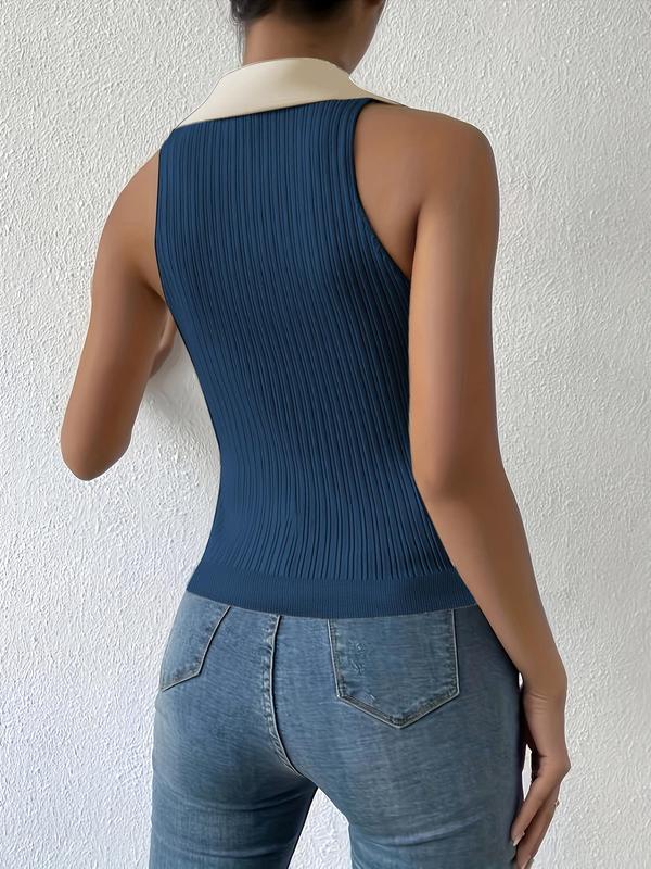 Women's Colorblock V Neck Collared Sweater Vest, Summer Clothes Women, Casual Sleeveless Knitwear for Summer, Crochet Tops, Knit Tank Top, Back To School Outfits, Going Out Tops, Women's Knit Clothing for Daily Wear Downtown Girl Clothes