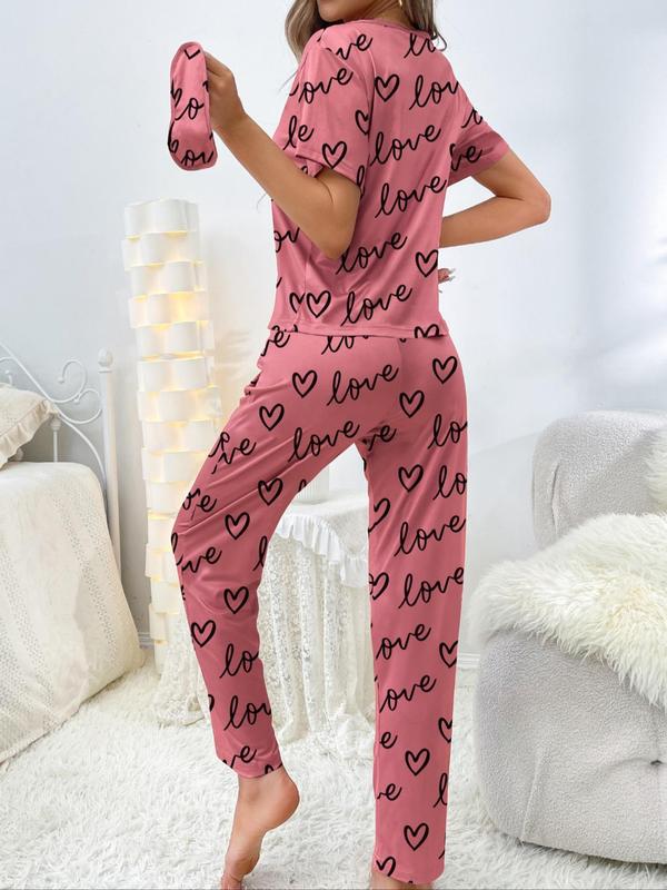 Two-Piece Set Women's Heart Print Tee & Pj Pants Pajama Set, Summer Clothes Women, Summer Wear, Crew Neck Shortsleeve T-shirt & Trousers Pj Set, Comfort Casual Comfy Pajamas Set, Lady Sleepwear & Loungewear Set for Summer Homewear, Black Girl Wear