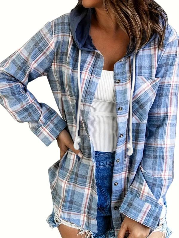 Plus Size Plaid Print Button Front Drawstring Hooded Blouse, Casual Long Sleeve Pocket Top for Spring & Fall, Going Out Tops, Women's Clothes for Daily Wear