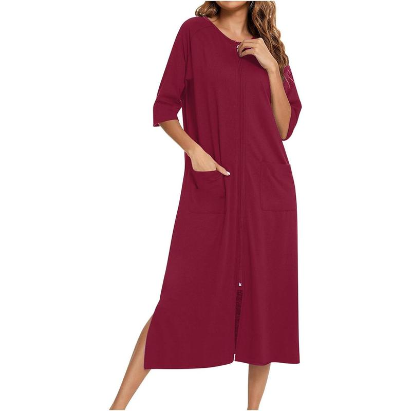 Beibei Womenswear Nightgown House Dress 3 4 Sleeve Zip Up Robe Long Lounge Dress Side Split House Coat Sleepwear with Pocket Cotton Fabric Silk