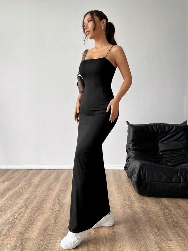 Women's Solid Backless Split Thigh Cami Dress, Elegant Sleeveless Long Dress for Party Club Dating Wear, Ladies Summer Clothes