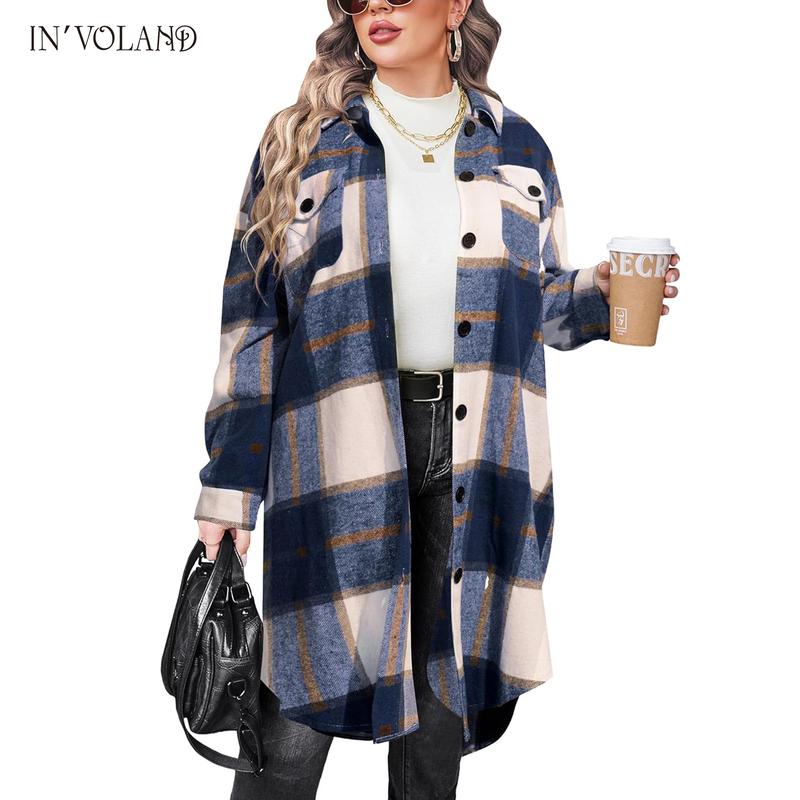 Holiday haul  IN'VOLAND Womens Plus Size Flannel Plaid Shirts Long Sleeve Lounge Lapel Boyfriend Button Down Tartan Long Jacket Coats Fabric Fashion Womenswear Check Fit Lightweight Oversized Comfort Loose Polyester Retro Suit Christmas