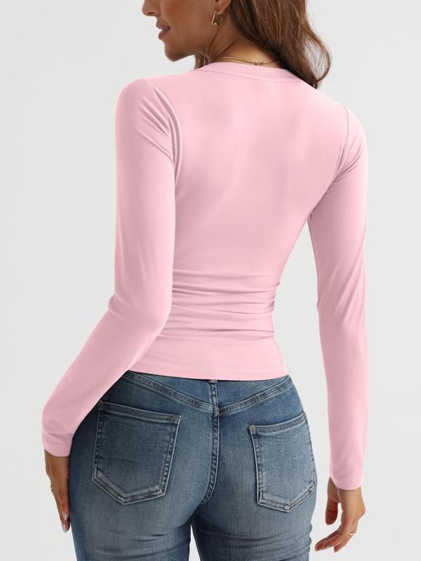 Women's Plain V Neck Long Sleeve Tee, Casual Solid T-Shirt for Spring & Fall, Women's Top for Daily Wear