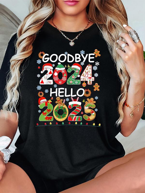 Women's Cartoon New Year & Letter Print Round Neck Tee, Casual Short Sleeve  T-shirt for Fall & Winter, Women's Top for Daily Wear