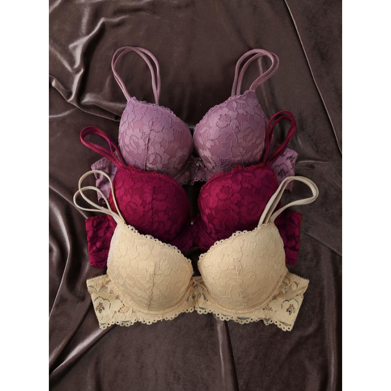 3pcs Contrast Lace Push Up Bras, Comfy & Breathable Intimates Bra, Women's Lingerie & Underwear casual lady sexy comfy