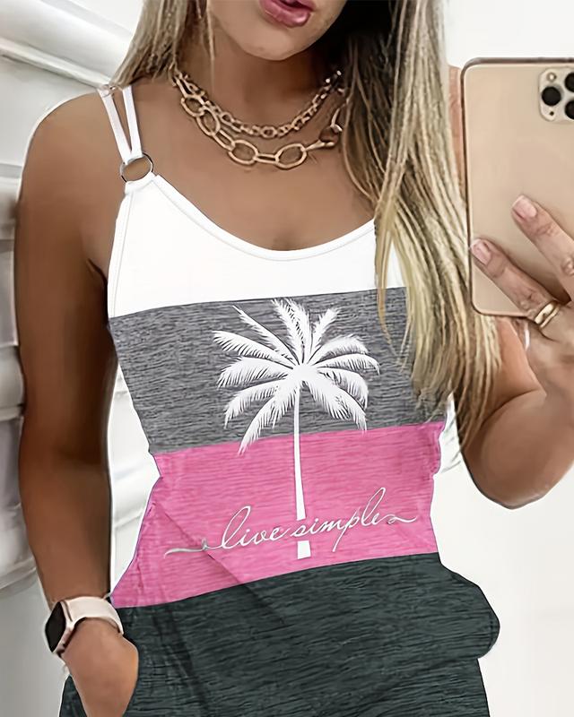 ChicMe Live Simple Coconut Tree Color Block Mini Dress for Women Summer Beach Vacation Tank Dresses Casual Polyester