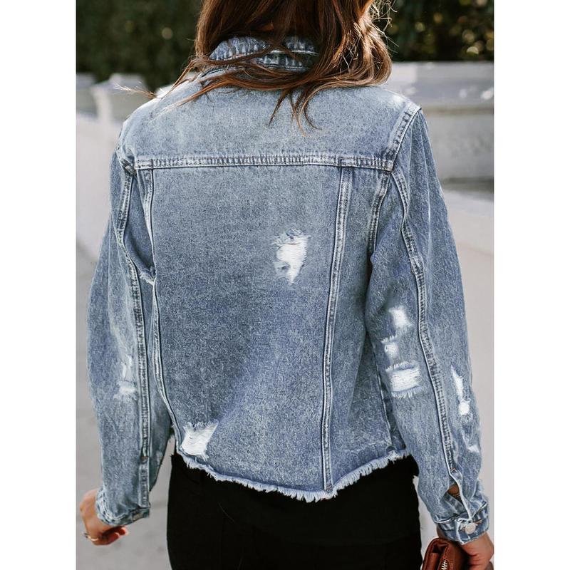 EVALESS Womens Boyfriend Washed Crop Denim Jacket Long Sleeve Button Distressed Ripped Slim Non Stretch Jean Coat-Short Style