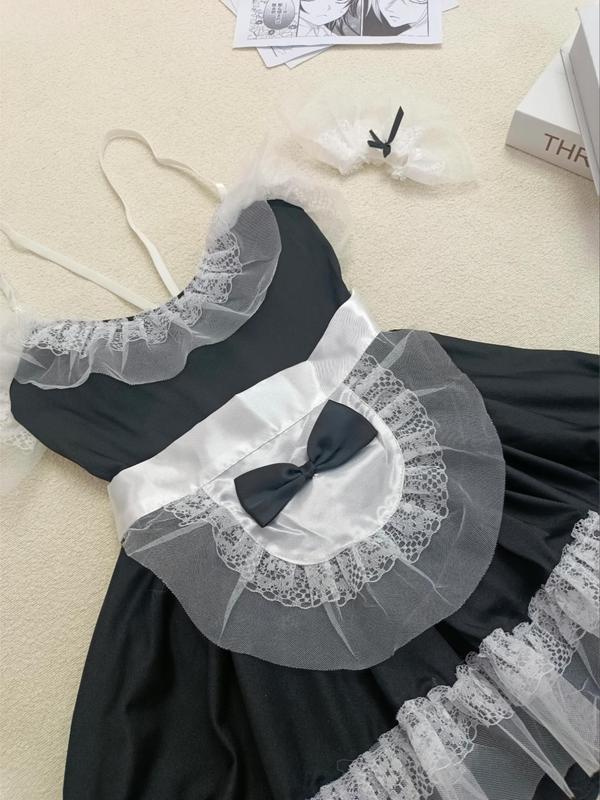 Women's Contrast Lace Bow Decor Sexy Maid Costume Set, Fashion Backless Cami Dress & Apron & 1 Pair Wrist Cuffs & Choker, Women's Lingerie & Costumes for All Seasons