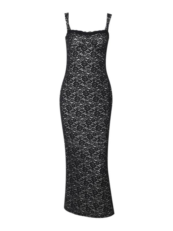 Women's Floral Lace Contrast Mesh Cami Dress, Elegant Sleeveless Long Dress for Party Club Dating Wear, Ladies Clothes for All Seasons