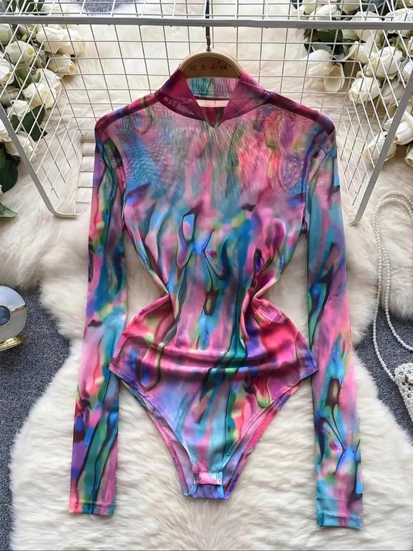 Women's Tie Dye Print Long Sleeve Bodysuit, Casual High Neck Bodysuit, Ladies Clothes for Spring & Fall