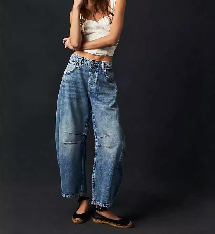 Barrel Jeans Women Wide Leg Cropped Jeans Y2k Mid Rise Baggy Jeans Boyfriend Denim Pants Harem Pants with Pockets