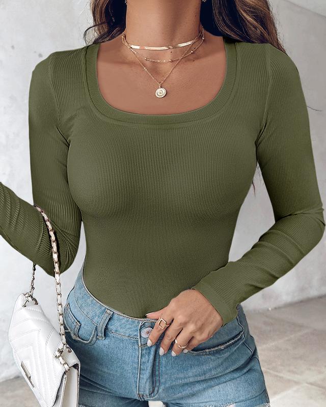 Chicme U-Neck Built-in Bra Long Sleeve Ribbed Top Comfort Fabric