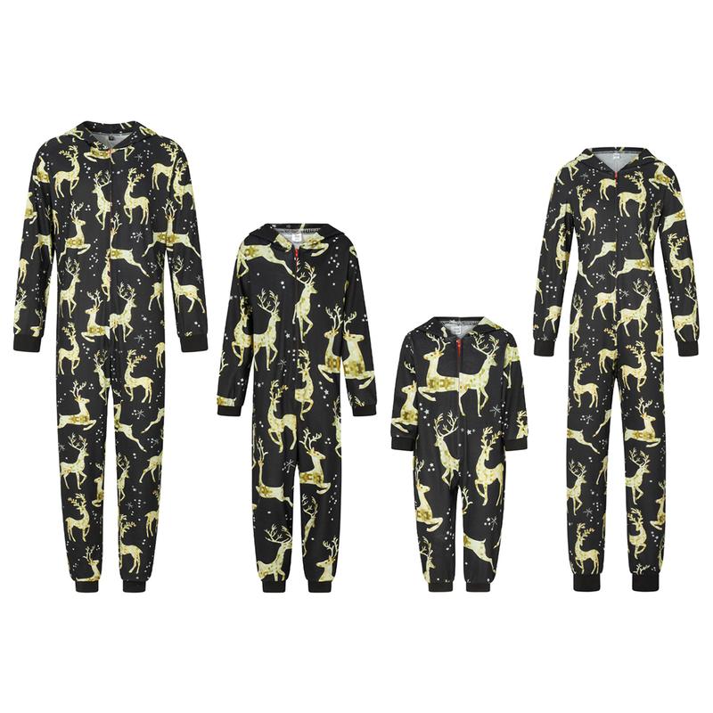 Family Matching Clothes Christmas Sleepwear, Cartoon Elk Snowman Print Long-Sleeve Zipper Hood  Jumpsuit