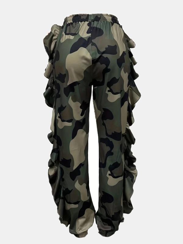 Women's Camo Print Ruffle Trim Drawstring Waist Pants, Fitted Streetwear Clothes, Pants for Women, Summer Outfits, Breathable Comfy High Waist Trousers, Womenswear Clothes