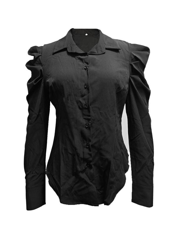 Women's Plain Ruffle Trim Button Front Shirt, Elegant Leg-of-mutton Sleeve Collared Top for Fall, Women's Clothing for Daily Wear, Work Clothes for Office