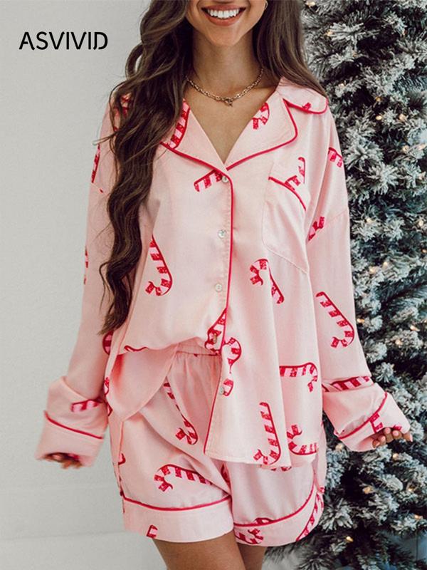 Two-Piece Set Women's All Over Christmas Print Lapel Neck Pajama, Casual Comfy Drop Shoulder Long Sleeve Top & Elastic Waist Pants PJ Set, Ladies Sleepwear for Spring & Fall