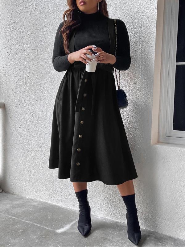 Plus Size Solid Button Front Belted Pinafore Skirt, Elegant High Waist Midi Skirt for Women, Women's Summer Bottoms,  Fall Dresses